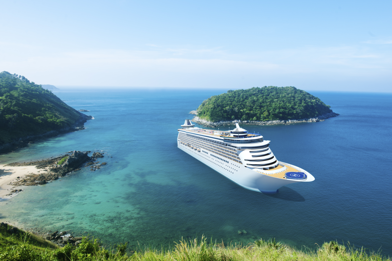Luxury river cruise ship near a green island